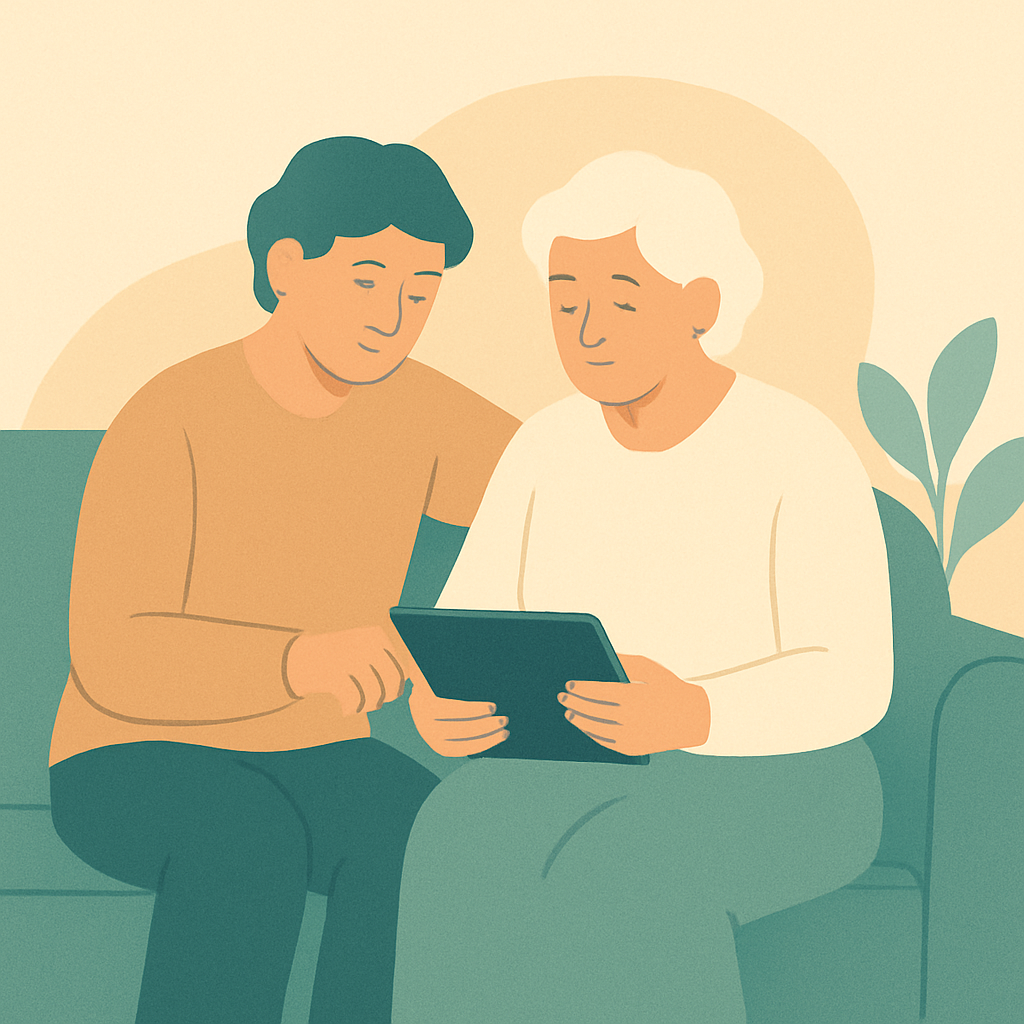 Two people sitting together on a couch, one calmly helping the other review papers on a tablet.