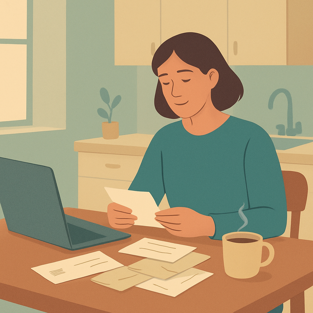 A person calmly organizing their bills at a kitchen table with a cup of tea and a laptop.